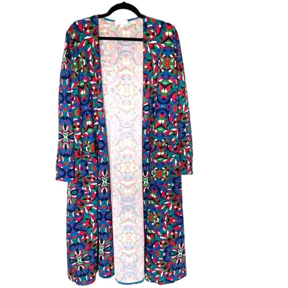 Long Cardigan Duster Size Large Boho Geometric Artsy Multicolor LuLaRoe Sarah